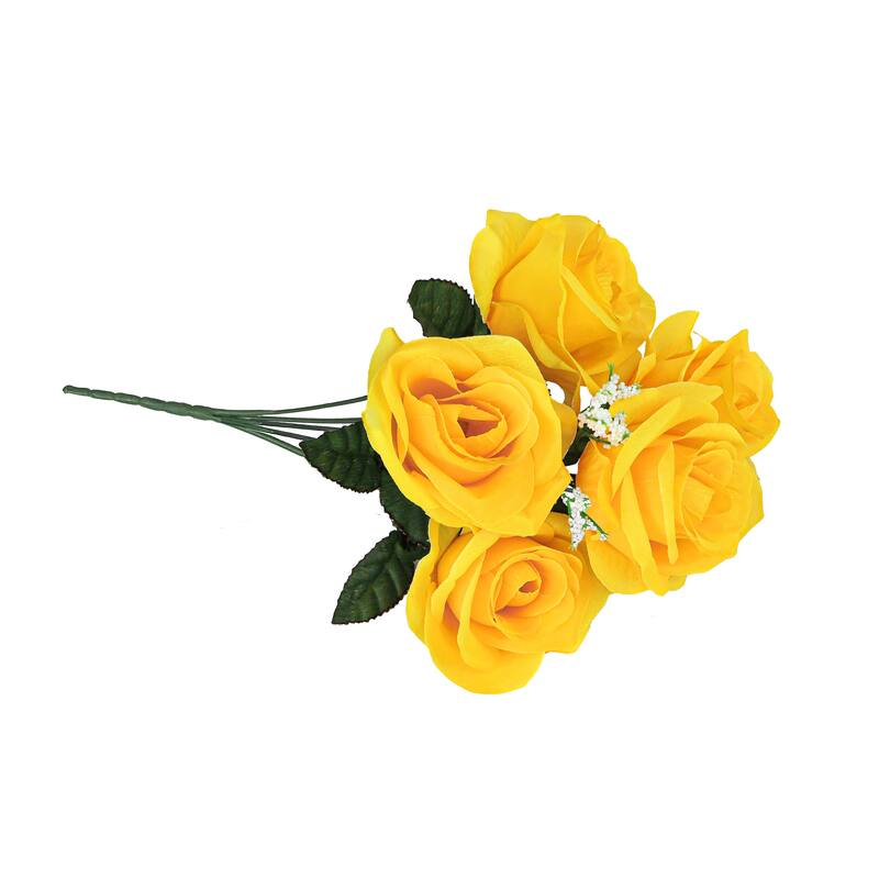 Set of 12 Yellow Artificial Open Rose Flower Stem Bush Bouquet 14in - 14" L x 7" W x 7" DP