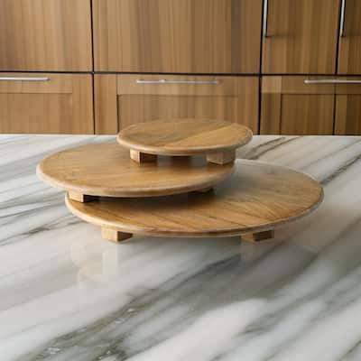 Piya Decorative Serving Tray Platter Set of 3, Round Riser Honey Brown Wood