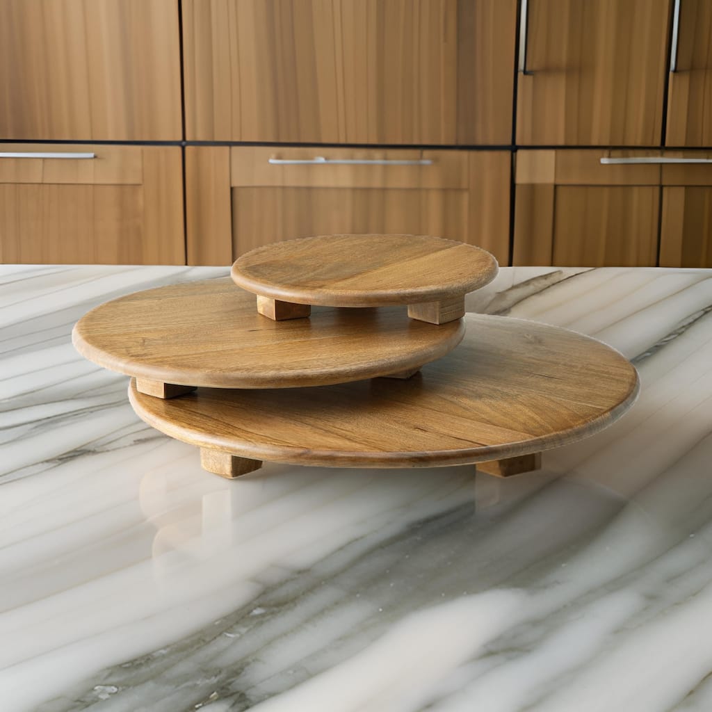 Piya Decorative Serving Tray Platter Set of 3, Round Riser Honey Brown Wood