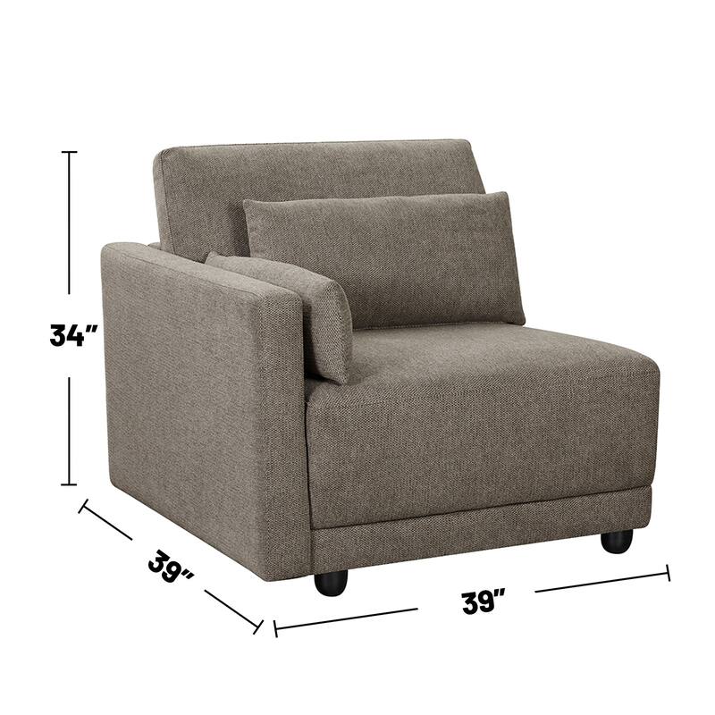 Upholstered Modular Left Facing Armchair with 3 Pillows in Brown