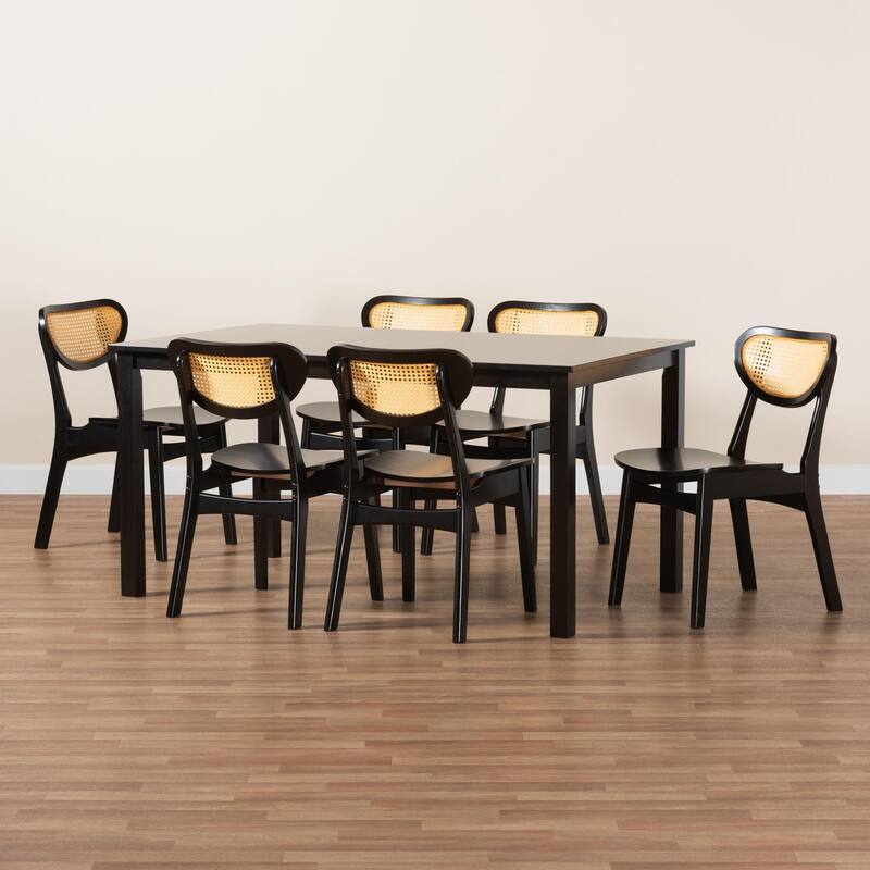 Jeriah Mid-Century Modern Wood and Woven Rattan 7-Piece Dining Set