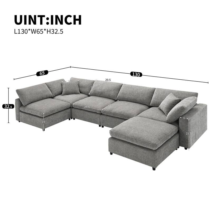 Modern Modular U-Shaped Sectional Sofa, Convertible Cloud Sleeper Sofa Bed, 6 Seat Chenille Sectional Couch Set with Ottoman