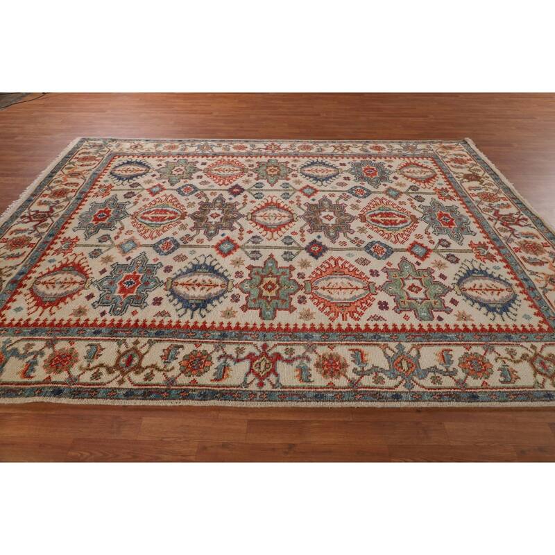 Oushak Indian Area Rug Hand-Knotted Oriental Beige Wool Carpet - 7'11"x 10'2"