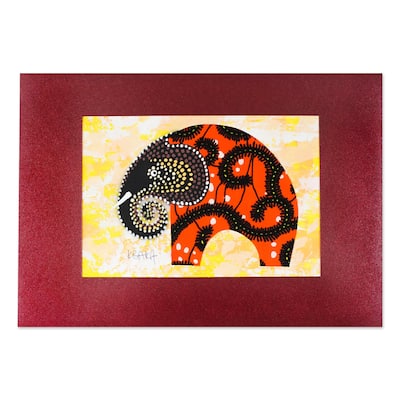 Novica Handmade Saffron Elephant Painting