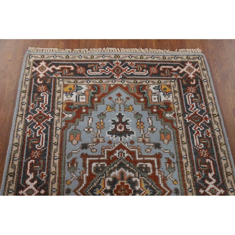 Light Blue Geometric Heriz Indian Area Rug Handmade Wool Carpet - 3'2"x 4'11"