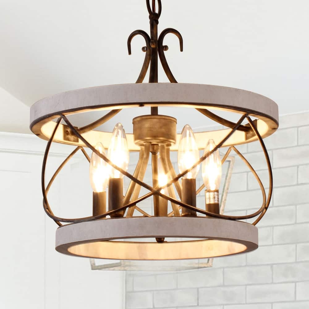 Cusp Barn 15.7 Inch Farmhouse Drum Wood Chandelier, 5-Light Rustic Over Table Chandelier Light Fixtures for Kitchen Island Foyer