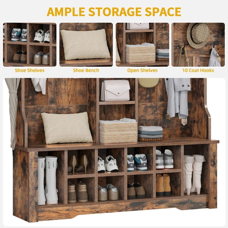 Moasis Farmhouse Hall Tree with Bench and Shoe Storage with 10 Hooks for Entryway
