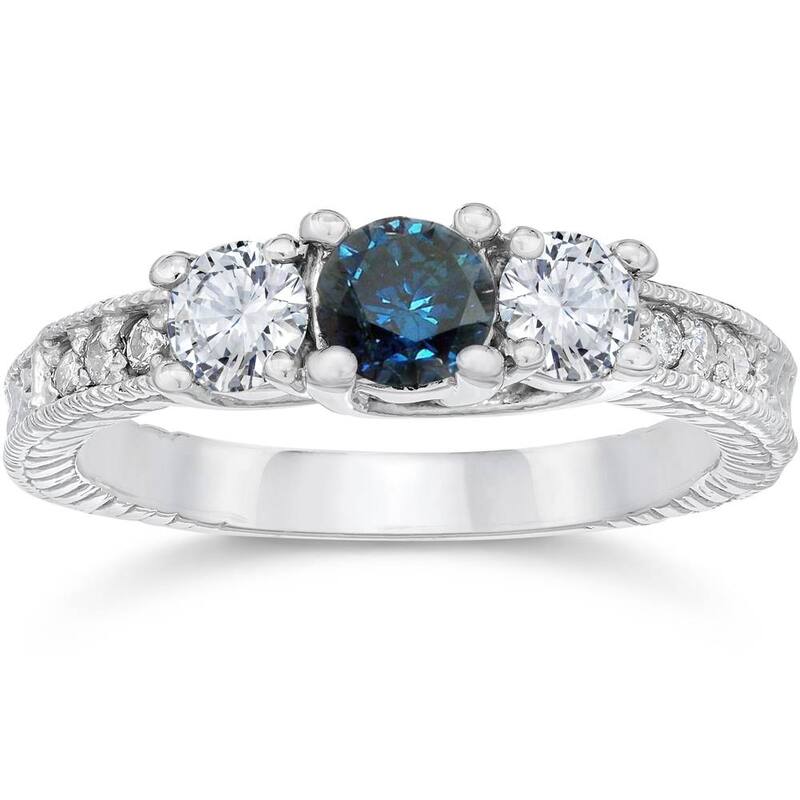 1ct Vintage Blue Diamond 3-Stone Engagement Ring White Gold