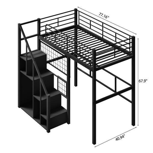 Black Twin Metal Loft Bed with Built-In Storage Stairs, Hanging Wardrobe Space, and Guardrails - No Box Spring Required