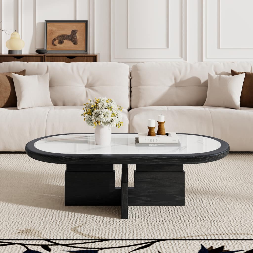Mid Century 47.24" Oval Coffee Table, Black Solid Wood Veneer with White Glossy Sintered Stone Table top