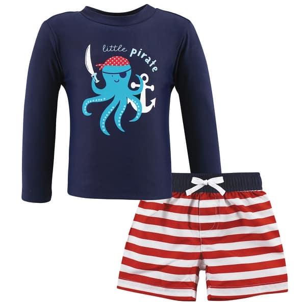 slide 1 of 1, Hudson Baby Boys Swim Rashguard Set, Pirate Octopus 12-18 Months - Pirate Octopus
