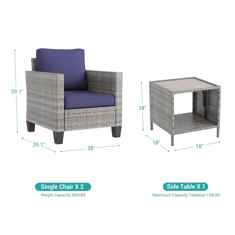 BONOSUKI 3-Piece Patio Sofa Set Grey Rattan with Side Table