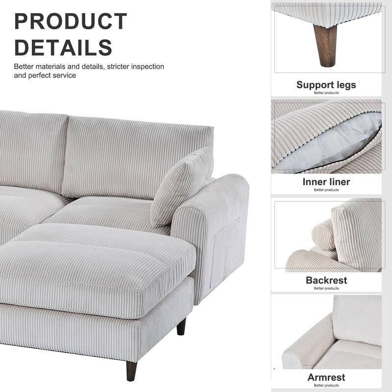 122" Corduroy Modular Sectional Sofa with Convertible U/L-Shape Design and Storage Pockets