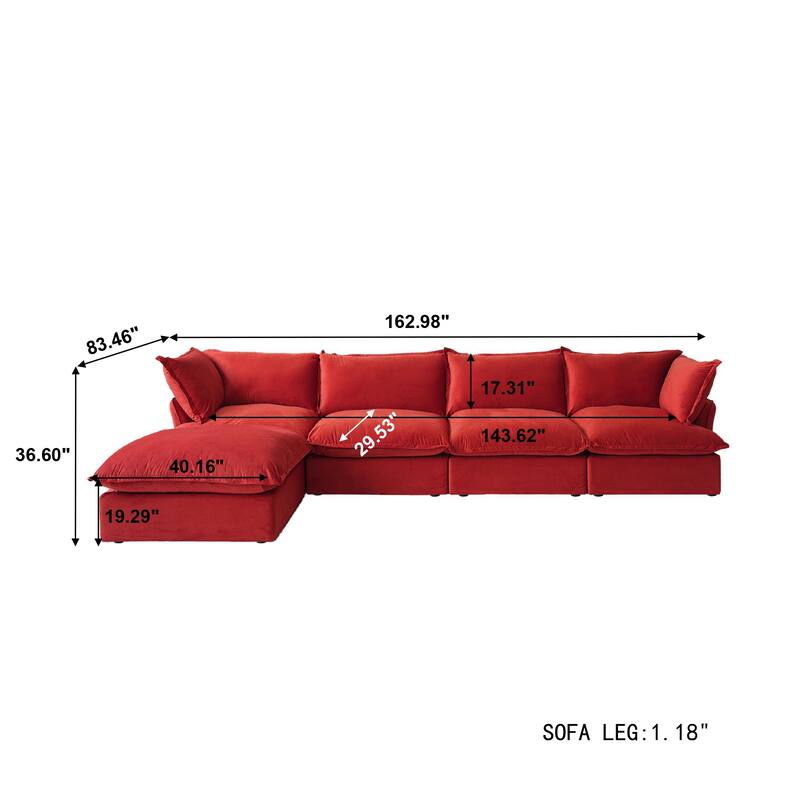 Modular Sectional Sofa Couch, 162.98" Velvet L-Shape Sofa with Ottoman