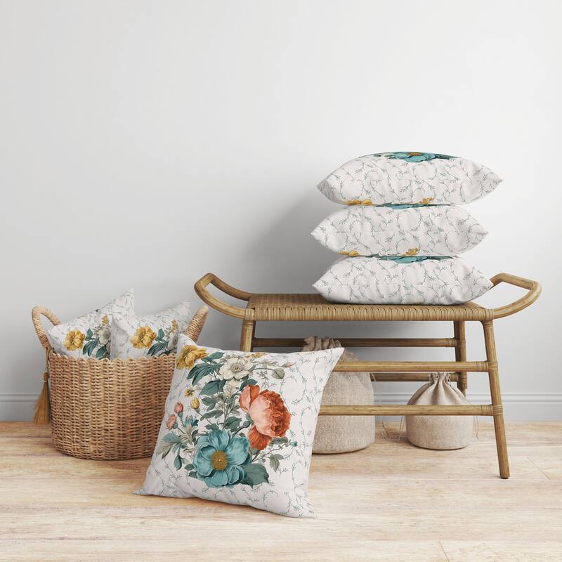 Teal And Orange Flower and Knop Indoor/Outdoor Throw Pillow Zipper