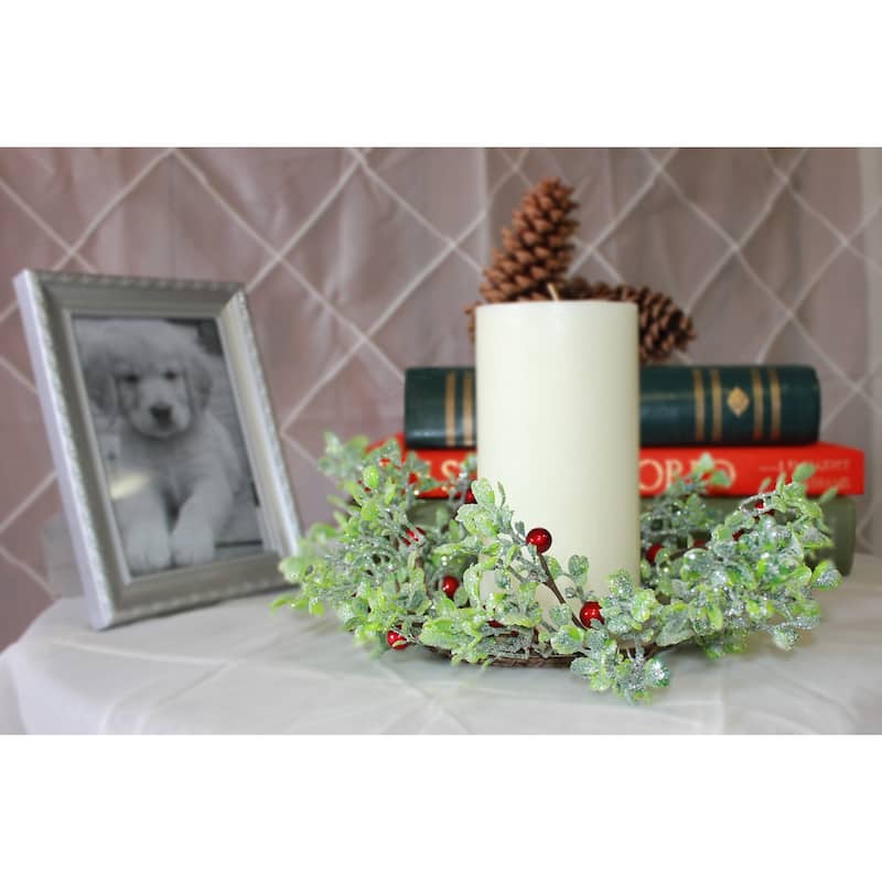 4.25" Green Leaves & Red Berries Candle Ring, Set of 2 - 12
