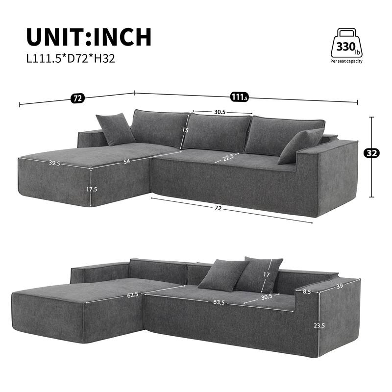 111.5" Chenille Modular Sectional Sofa with Pocket Springs and No Assembly, L-Shaped 4-Seater