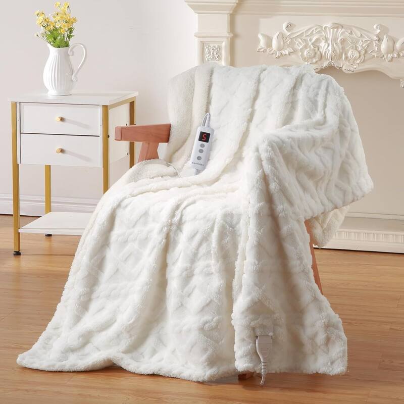 Tufted Sherpa Electric Blanket with 6 Heating Levels for Living Room, Bedroom, White - 50*60Inch