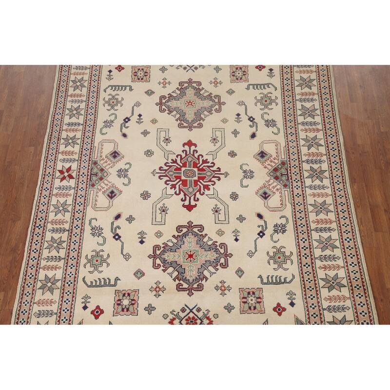Hand Knotted Oriental 100% Wool Carpet Traditional Geometric Beige & Ivories Kazak Area Rug - 9' 7'' X 6' 7''