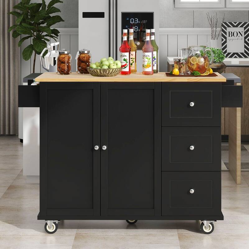 Multi-Functional Kitchen Island on Wheels with Expandable Drop Leaf, Large Storage & Sturdy Wood Surface