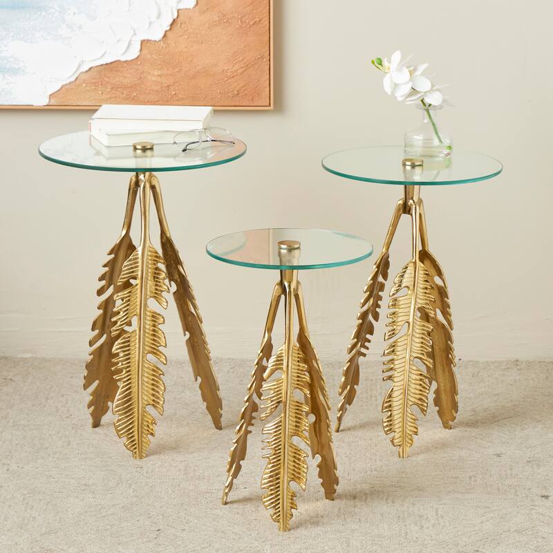 Silver or Gold Aluminum Metal Leaf Side End Accent Table with Tripod Legs and Tempered Glass Top (Set of 3) - Gold
