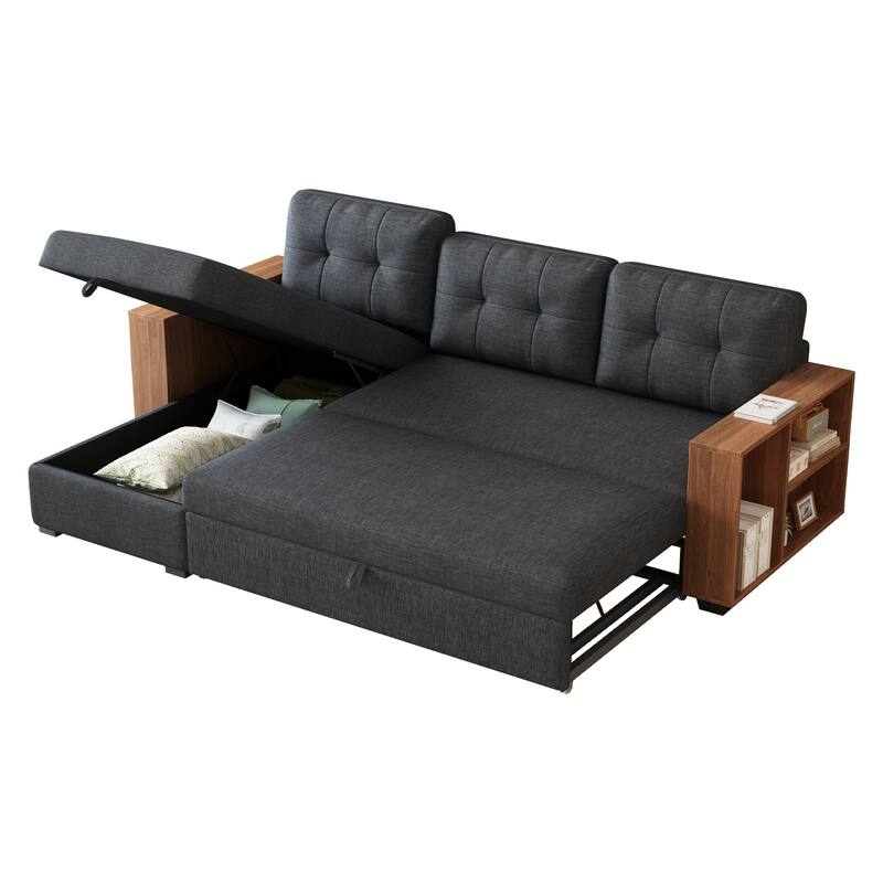 Upholstered Pull Out Sectional Sofa with Storage Chaise