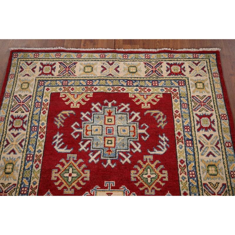 Red Geometric Kazak Foyer Rug Handmade Wool Carpet - 3'3" x 5'0"
