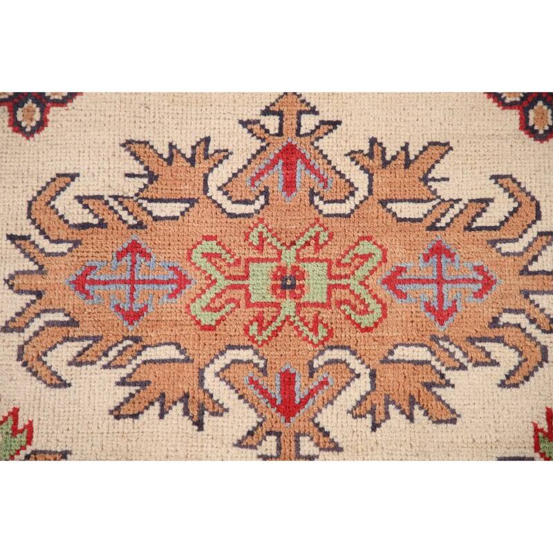 Ivory Geometric Kazak Area Rug Hand-Knotted Wool Carpet - 6'9" x 9'10"