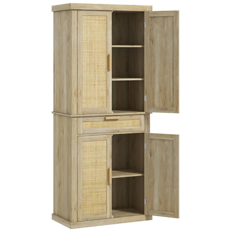 72" Tall Pantry Cabinet with Rattan Decorated Panel, Freestanding Boho Kitchen Storage Cabinet with 4 Doors, Drawer