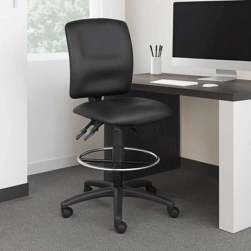 Reza Swivel Drafting Stool, Footring, Black Faux Leather, Contoured