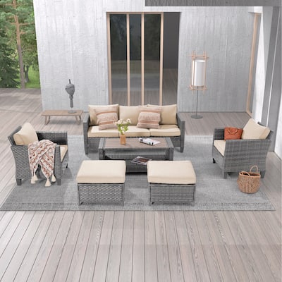LIVOOSUN 6Pcs Patio Gray Rattan Outdoor Furniture Sofa Set with Coffee Table