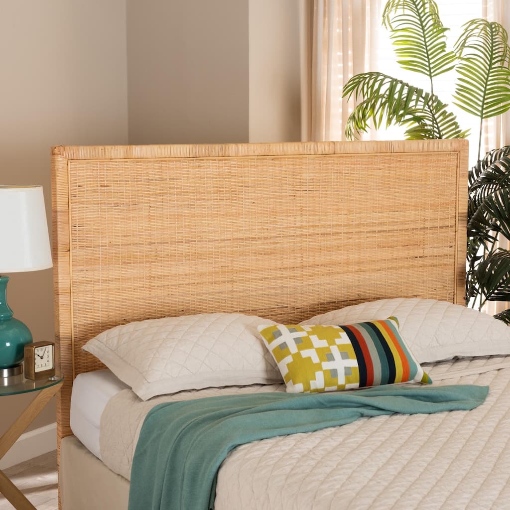 bali & pari Adelyn Modern Bohemian Natural Brown Rattan and Mahogany Wood Headboard