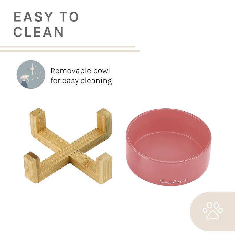 Coco Single Pet Bowl with Wood Stand 5.11'' in Pink - 6.3
