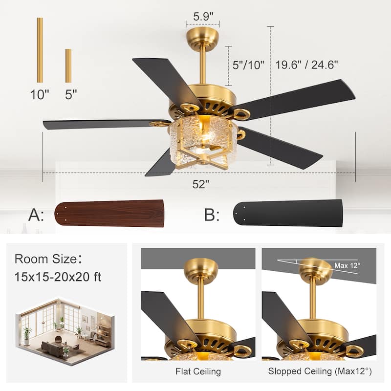 52" Reversible 5-Blade Caged Ceiling Fan with Light and Remote