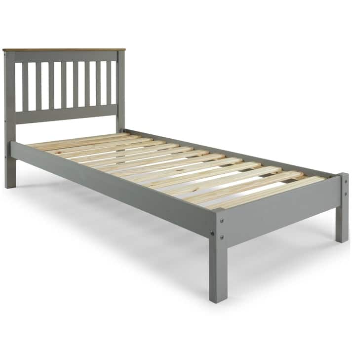 Wood Slatted Twin Size Bed Corona Collection | Furniture Dash - Gray wash stain, top slat in antique brown stain.