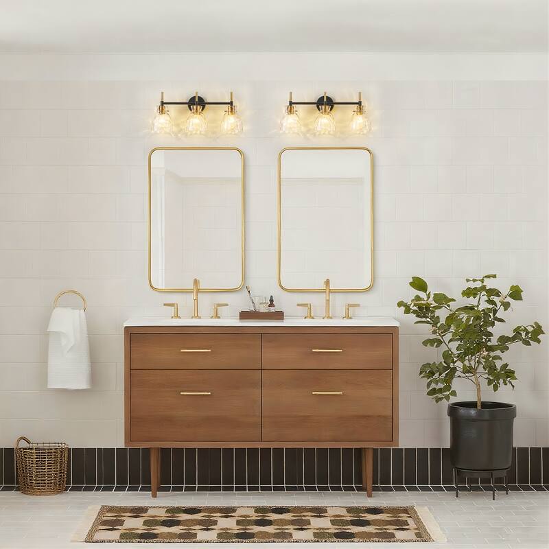 1-Light/3-Light Matte Black and Antique Brass Bathroom Vanity Light with Water-Rippled Glass Shade
