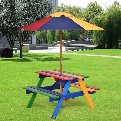 Costway 4 Seat Kids Picnic Table w/Umbrella Garden Yard Folding