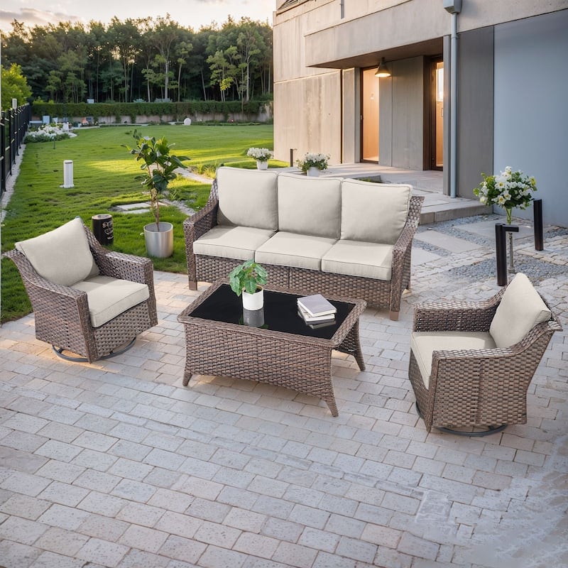 Pocassy Outside Sofa with Swivel Chair Set - Brown Wicker / Beige Cushion - 4-Piece Sofa Swivel Chair with Table