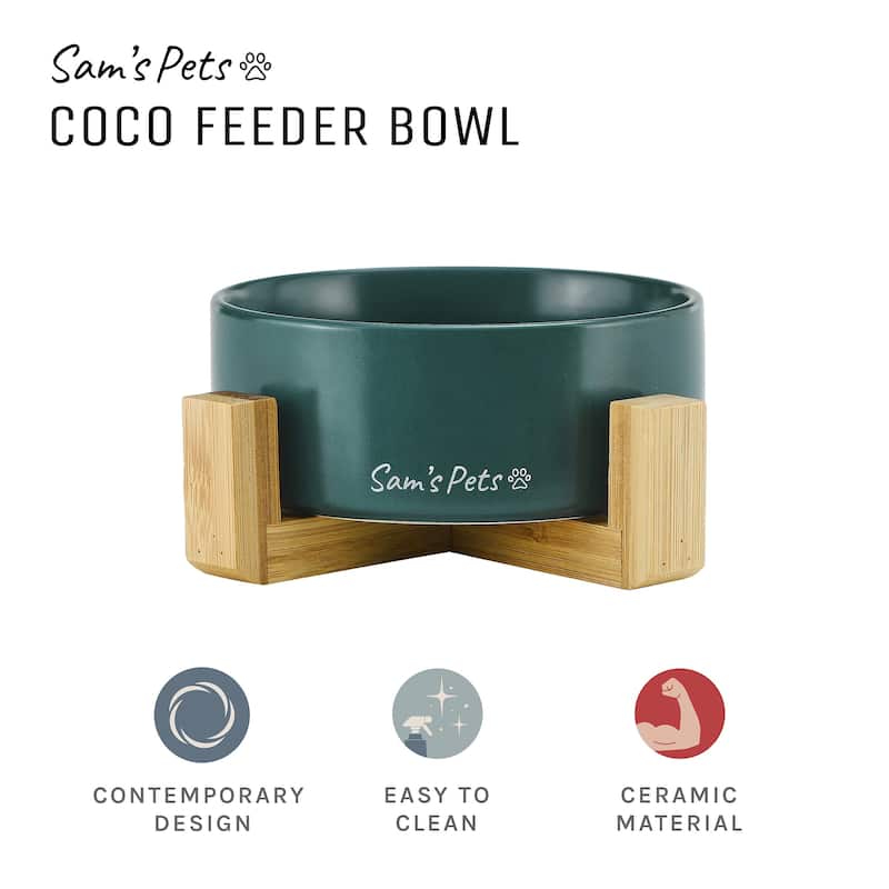 Coco Single Pet Bowl with Wood Stand 5.11'' in Green - 6.3