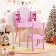 preview thumbnail 1 of 7, Pink Kids Round Lighted Mirror Vanity Set with 4 Open Shelves and 2 Drawers - 27.5" x 13.5" x 41.5" Kids