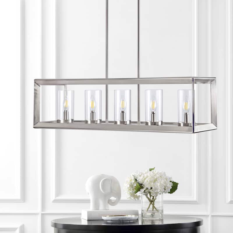Anna Linear Metal/Glass LED Pendant, Oil Rubbed Bronze by JONATHAN Y - Clear/Nickel