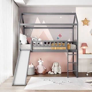 Gray Twin Loft Bed Wood House Bed with Slide and Mission Style ...