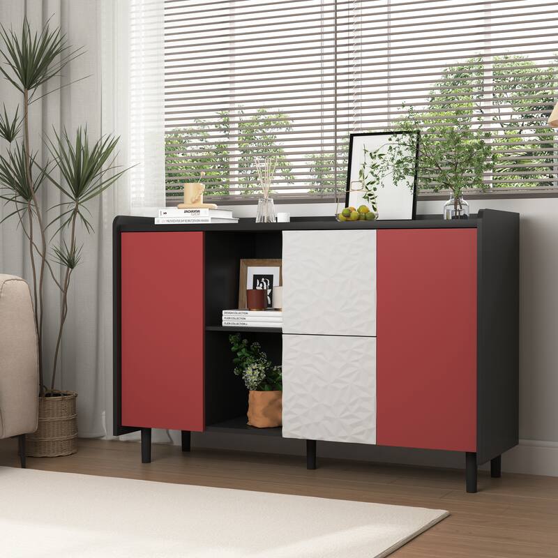 Modern Sideboard Buffet Cabinet with 2 Drawers and 2 Open Storage Compartment