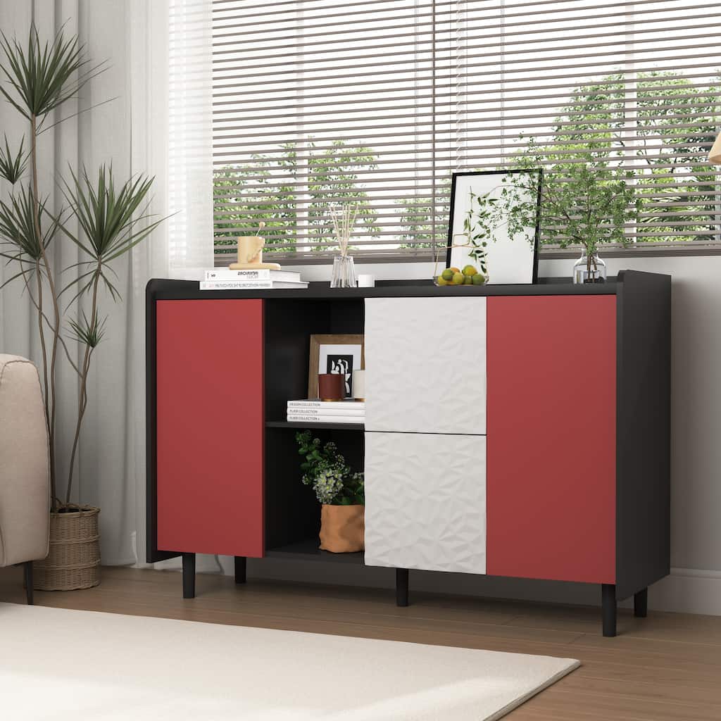 Sideboard Buffet Cabinet,Storage Cabinet with Red Doors,2 Drawers with unique panel styling and 2 Open Storage Compartment
