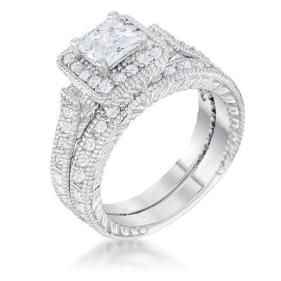 Art Deco Princess Cut Cubic Zirconia Bridal Set Ring