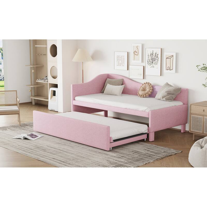 Roomfitters Twin Size Upholstered L-Shaped Daybed with Pop Up Trundle, Space Saving Fabric Sofa Bed Frame with Slats