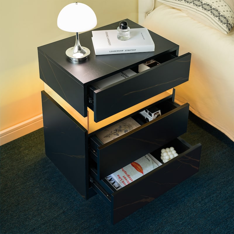 GDF Studio - Avalon Modern LED Nightstand with Three Drawers and 16-Color RGB Lighting