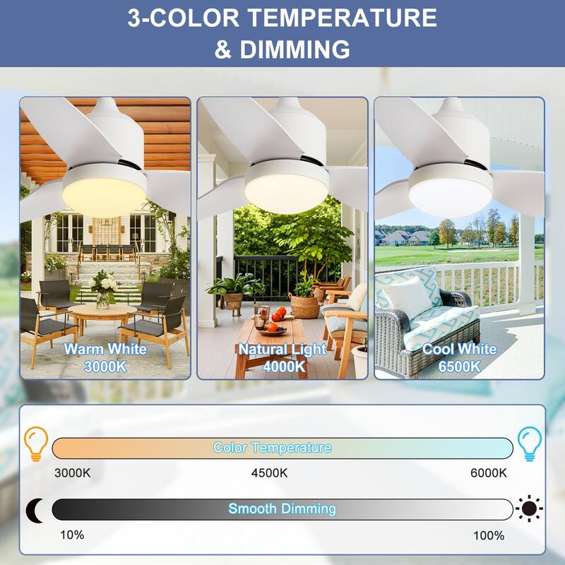 Outdoor Ceiling Fan with Light: 42-52 Inch Hanging - Plug in Waterproof Fans for Patio - Dimmable Remote App Control Black