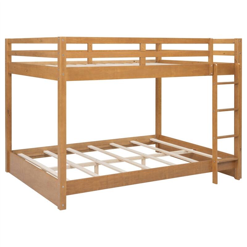 Queen Over Queen Size Bunk Bed with Ladder and Guardrail, Solid Wood Bunk Bedframe with Slats Support for Kids Bedroom
