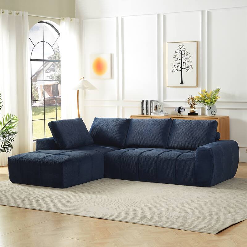 Modern Convertible Compressed Couch L-shaped Sectional Sofa with Chaise, Available Khaki Chenille or Dark Blue Corduroy